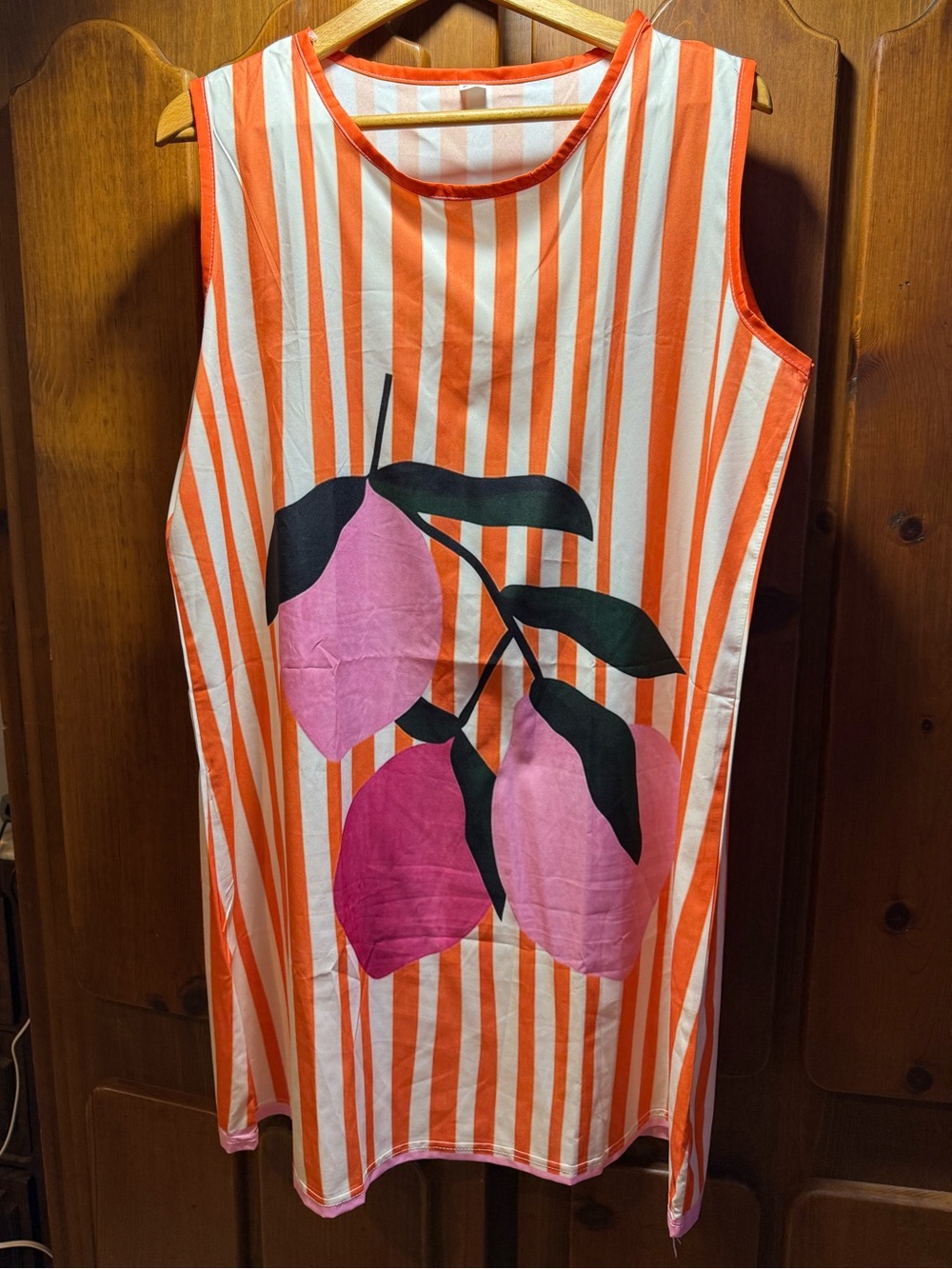 Sleeveless Midi Dress with Pink Fruit Print and Orange Stripes